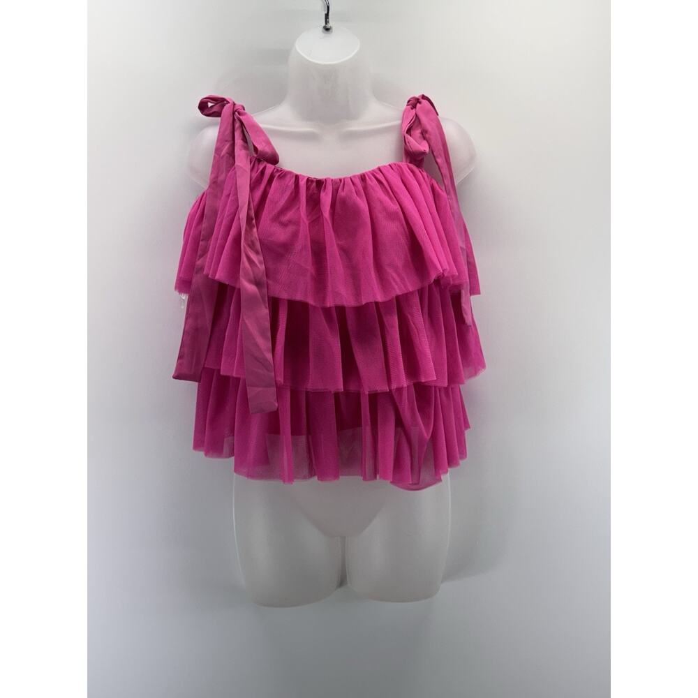 Entro Hot Pink Tiered Ruffle Tank Top Tulle Ribbon Straps Women’s Size Medium